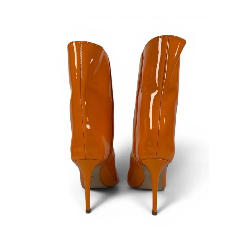 Schutz Maya High Ankle Boots Womens 9 Tangerine‎ Orange Patent Stiletto Pull On